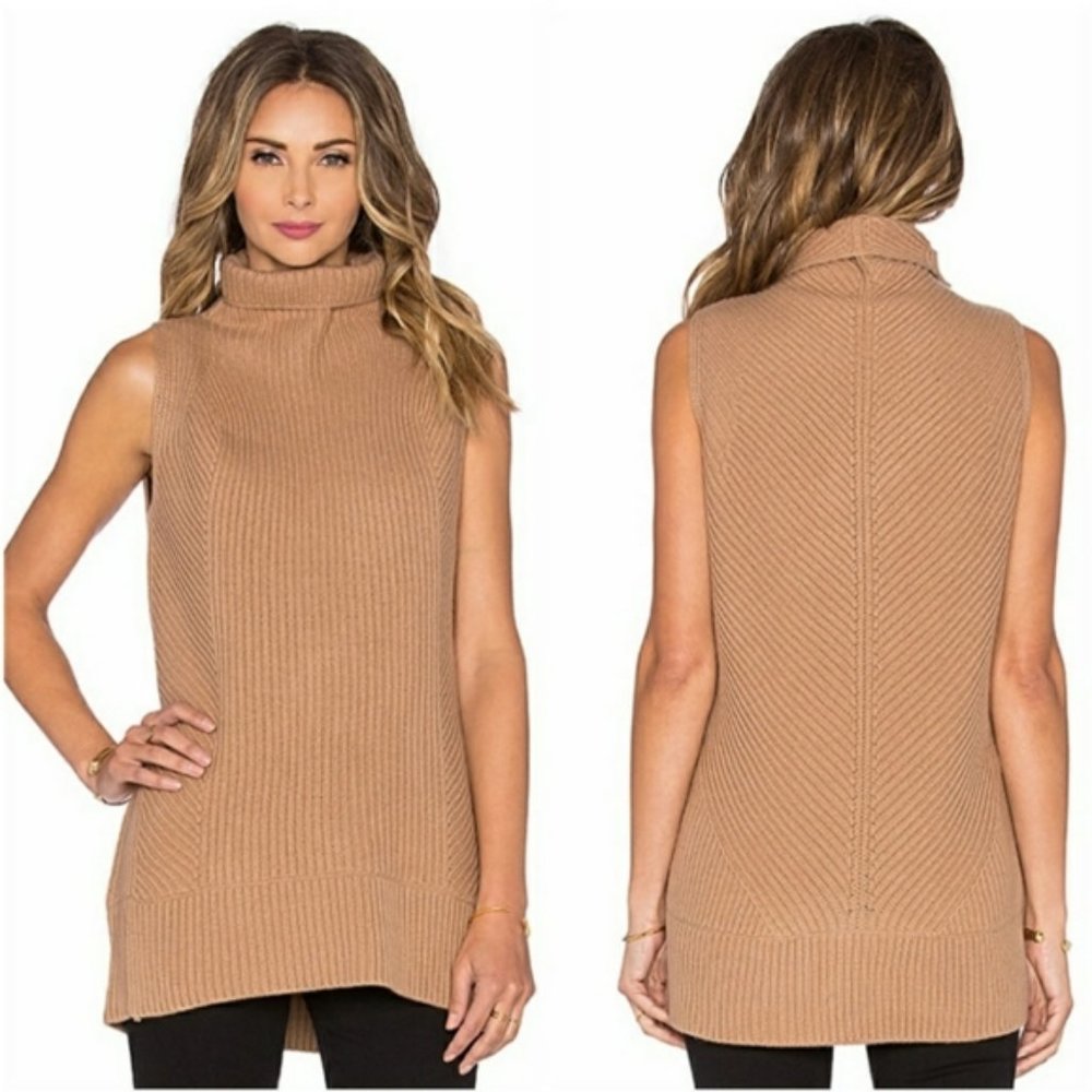 VINCE "Directional Rib" Sleeveless Wool Cashmere Turtleneck Tan Size XS